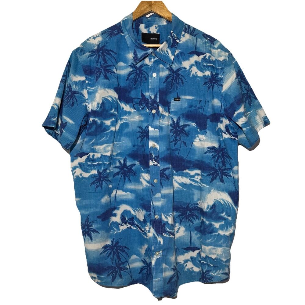 HURLEY Blue Hawaiian Floral Tropical Button Shirt Short Sleeve Cotton Mens XXL